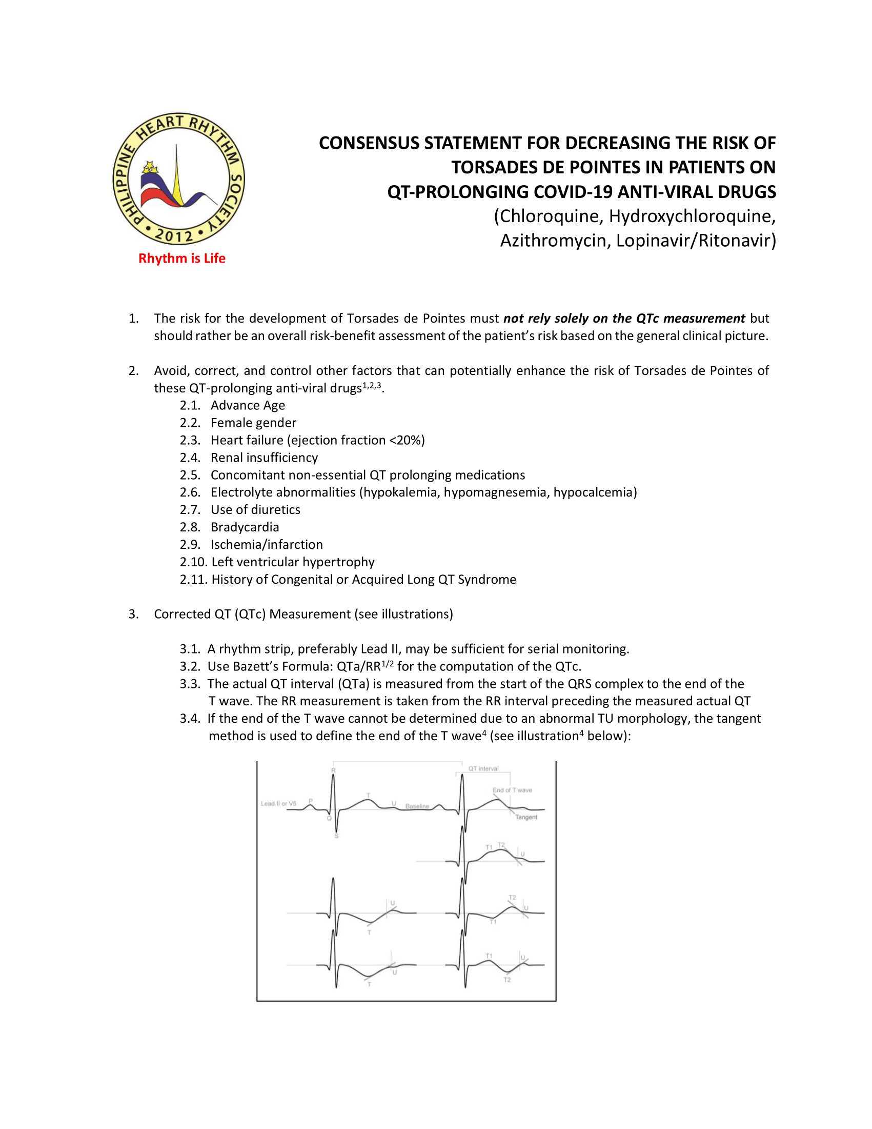 CONSENSUS STATEMENT FOR DECREASING THE RISK OF TORSADES DE POINTES IN PATIENTS ON QT PROLONGING COVID 19 ANTI VIRAL DRUGS 1 1